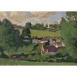 Edward Morland Lewis (1903-1943) Welsh Landscape with cottages Oil on board, 24cm by 34cm