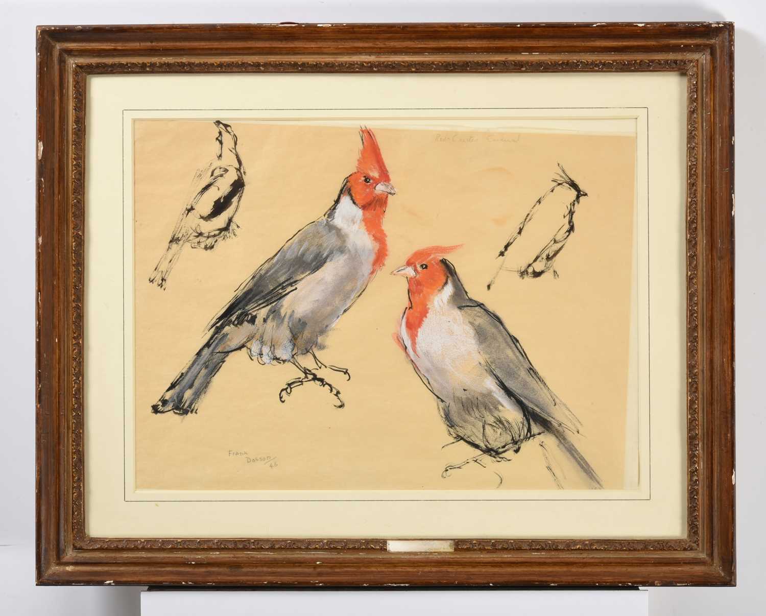 Frank Dobson RA (1886-1963) "Red Crested Cardinals" Signed, inscribed and dated (19)46, mixed media, - Image 2 of 3