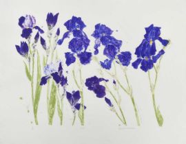 Dame Elizabeth Violet Blackadder DBE, RA, RSA (1931-2021) Scottish "Irises" Signed, inscribed and