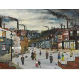 Allen Tortice (b.1948) Figures in a Northern Town Signed and dated 1987, oil on board, 56.5cm by