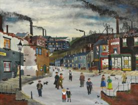 Allen Tortice (b.1948) Figures in a Northern Town Signed and dated 1987, oil on board, 56.5cm by