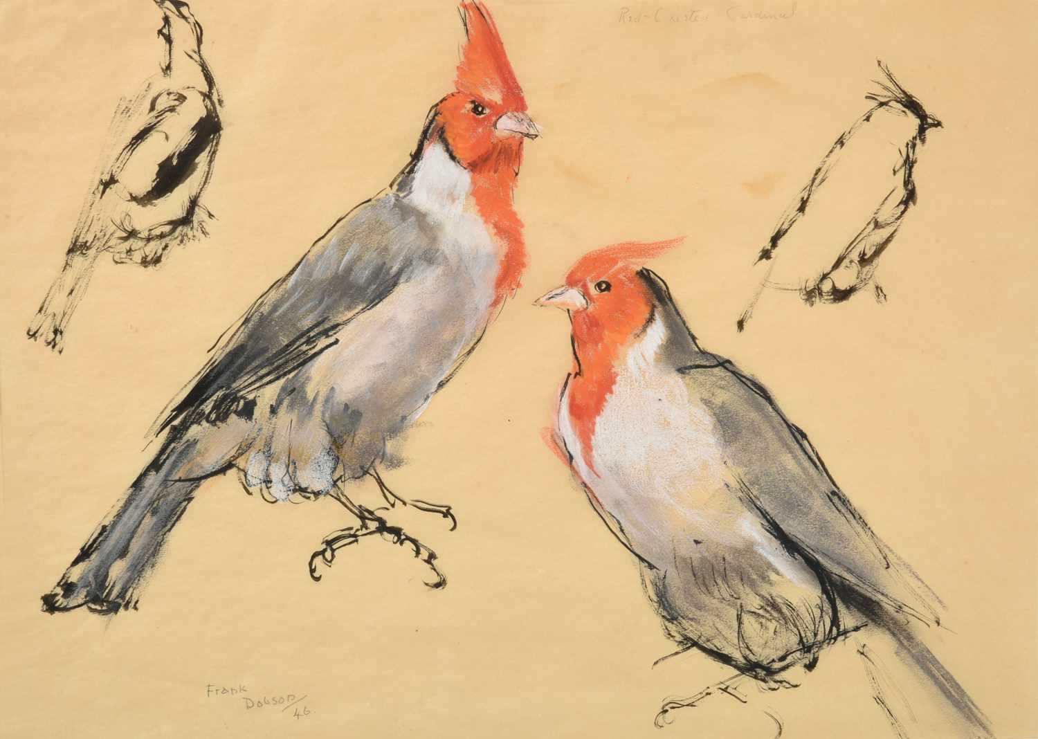 Frank Dobson RA (1886-1963) "Red Crested Cardinals" Signed, inscribed and dated (19)46, mixed media,