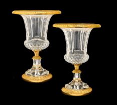 A Pair of Gilt Metal Mounted Glass Campana-Shaped Vases, 20th century, of panelled form with egg and