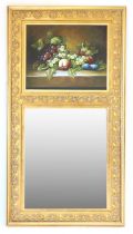 A Gilt Framed Mirror, modern, the upper section inset with an oil on canvas still life with bevelled