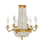 A Regency-Style Cut Glass and Gilt Metal Eight-Branch Chandelier, 20th century, of bag shape, the