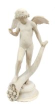 After the Antique: A White Marble Figure of a Winged Youth, standing holding a cornucopia, on a