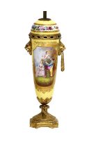 A Gilt Metal Mounted Sèvres-Style Vase, circa 1900, of slender baluster form, painted with