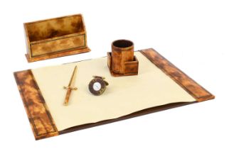 A 20th Century Italian Tan Leather Desk Set, comprising blotter, pen holder, letter knife,