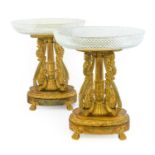 A Pair of Regency Gilt and Patinated Bronze Centrepieces, the oval hobnail cut glass bowls on a