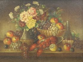 Continental School (20th century) Still life of a vase of flowers, a basket of fruit, a lobster