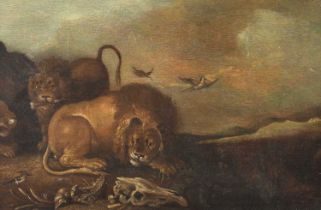 Follower of Roelandt Savery (1576–1639) Flemish Lions Den Oil on panel, 30cm by 45cm This lot has