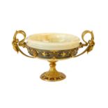 A French Gilt Metal, Champlevé Enamel and Onyx Tazza, late 19th century, of circular form with