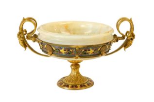 A French Gilt Metal, Champlevé Enamel and Onyx Tazza, late 19th century, of circular form with