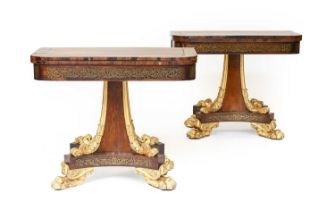 A Pair of Regency Rosewood, Crossbanded, Brass-Inlaid and Parcel Gilt Foldover Card Tables, in the
