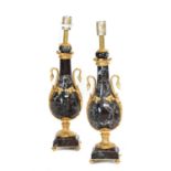 A Pair of French Gilt Metal Mounted Marble Lamp Bases, in Louis XVI style, of pear form, the swan