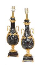 A Pair of French Gilt Metal Mounted Marble Lamp Bases, in Louis XVI style, of pear form, the swan