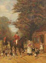 R Warren Vernon (19th/20th century) Huntsman and hounds at a cottage door Signed, oil on canvas,