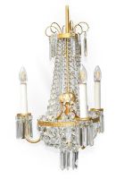 A Pair of Regency-Style Gilt Metal and Cut Glass Chandeliers, 20th century, of bag shape with