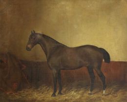 Julius von Blaas (1845–1922) Austrian "Boy" Bay horse standing in a stable Signed and dated 1873,
