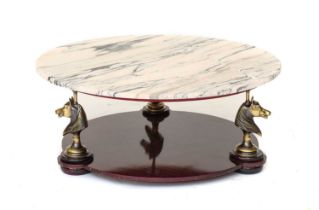 A 20th Century Mahogany and Marble Coffee Table, the circular pink marble top above three