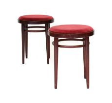 Thonet: A Pair of Stained Mahogany Stools, late 20th century, with red velvet overstuffed seats,