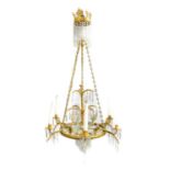 A Regency-Style Gilt Metal and Cut Glass Six-Branch Electrolier, 20th century, the central support