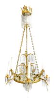 A Regency-Style Gilt Metal and Cut Glass Six-Branch Electrolier, 20th century, the central support