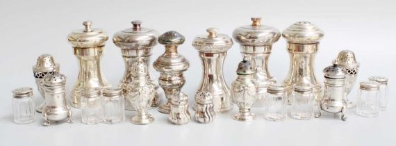 A Collection of Assorted Silver Condiment Items, comprising a pair of pepper-mills, engraved with