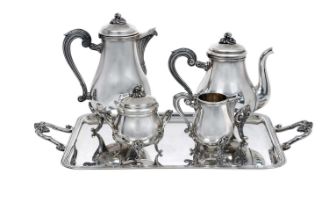 A Four-Piece French Silver Plate Cafe-au-Lait Service With a Tray En Suite, by Christofle, Paris,