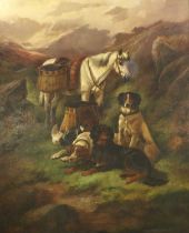 John Gifford (d.1900) Hunting dogs and pony with the days catch within a mountain landscape