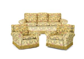 A Feather-Filled Three Piece Suite, 20th century, covered in floral gold fabric, comprising: a