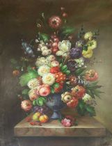 *Holmes (20th/21st century) An exuberant still life of assorted flowers arranged in a blue glazed