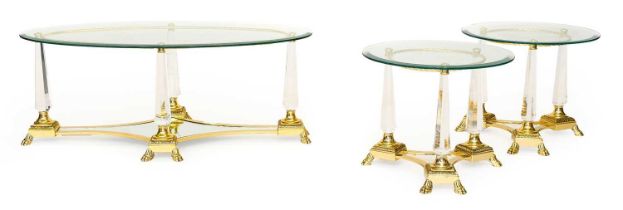 A Reproduction Italian Style Glass and Gilt Metal Oval Coffee Table, 129cm wide, and a pair of