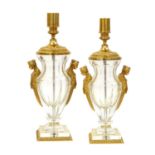 A Pair of Gilt Metal Mounted Glass Lamp Bases, in Empire style, of panelled baluster form with