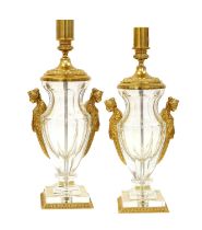 A Pair of Gilt Metal Mounted Glass Lamp Bases, in Empire style, of panelled baluster form with