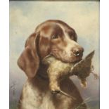 Carl Reichert (1836-1913) Austrian A Pointer with retrieved Woodcock Signed, oil on panel, 15.5cm by