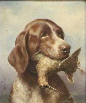 Carl Reichert (1836-1913) Austrian A Pointer with retrieved Woodcock Signed, oil on panel, 15.5cm by