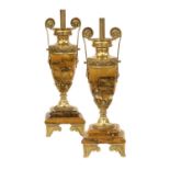 A Pair of Gilt Metal Mounted Siena Marble Urns, in Empire style, of twin scroll-handled urn form