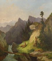 Attributed to Anton Altmann (1808-1871) Wounded deer in a mountainous landscape Signed, oil on