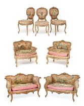 A Late 19th Century Venetian Carved Giltwood Ten Piece Drawing Room Suite, covered in original