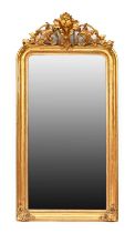A Late 19th Century French Gilt and Gesso Wall Mirror, with original bevelled glass plage within a