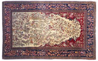 Isfahan Prayer Rug Central Iran, circa 1920 The ivory field with trees, plants and birds beneath a