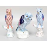 Three Herend Porcelain Owls, largest 13.5cm high All in good condition