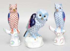 Three Herend Porcelain Owls, largest 13.5cm high All in good condition