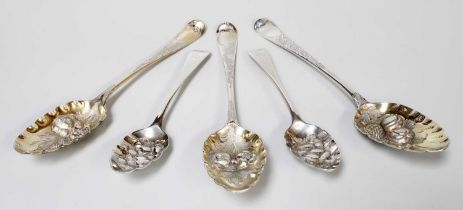 Three George III Silver Table-Spoons and Two Dessert-Spoons, each later chased as berry-spoons,