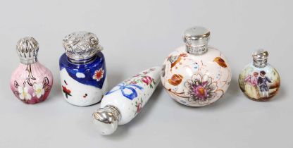 Four English-Mounted Ceramic Scent-Bottles and a French Silver-Mounted Scent-Bottle, the bodies each