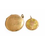 Two 9 Carat Gold Circular Lockets, measure 2.5cm and 3.7cm diameter Gross weight 19.3 grams.