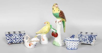 ~ A 20th Century Meissen Model of a Canary, with underglaze blue cross swords mark, 11cm, together