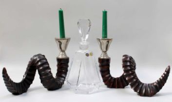 A Pair of Painted Metal Horn Formed Candlesticks, together with a Bohemia crystal decanter (3)