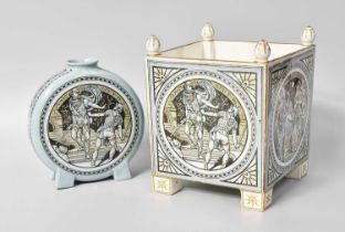 A Minton Shakespeare Moon Flask, after John Moyr Smith and a square planter in the same design (2)